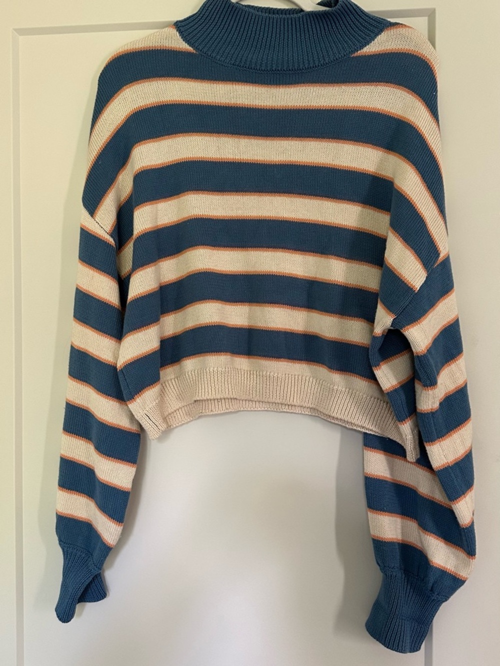 Striped Mock-Neck Cropped Sweater - Blue & Cream